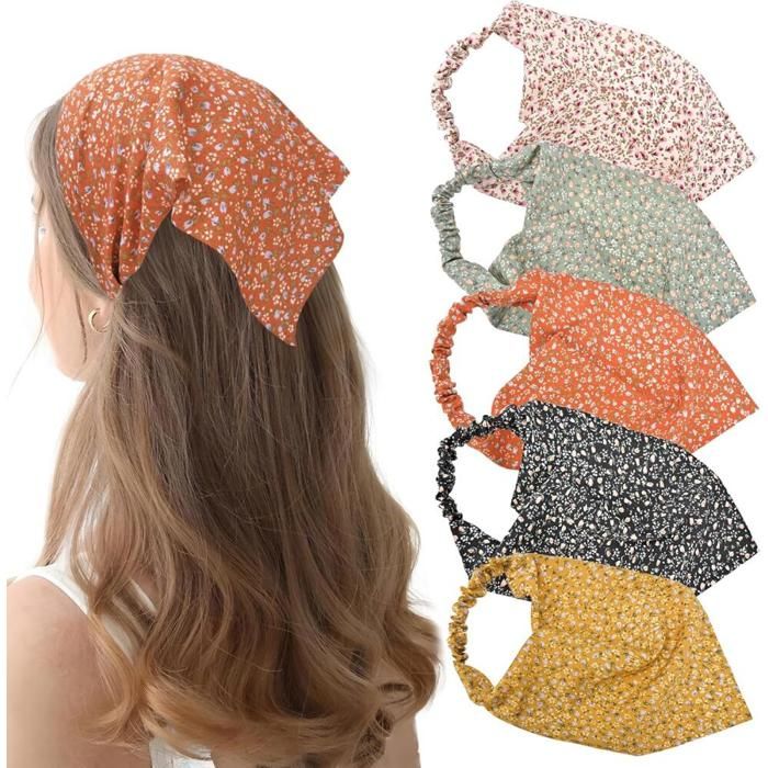 5PCS Bandeaux Bandanas Fleurs Elastiques Style Bohème Mousseline pour Femmes Filles Accessoire Coiffure