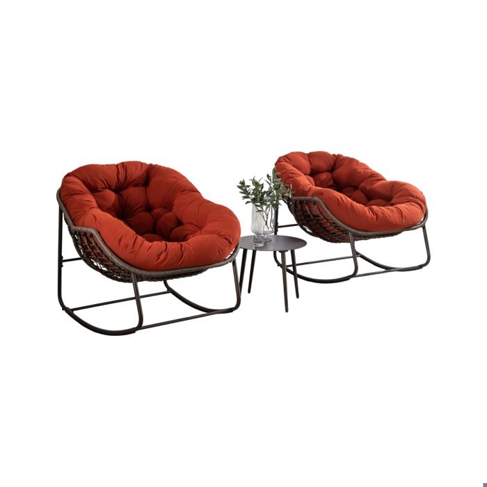 [ELVORIN] Fauteuil de jardin à bascule en rotin synthétique 106 x 90 x 78 cm orange structure en acier coussin rembourré