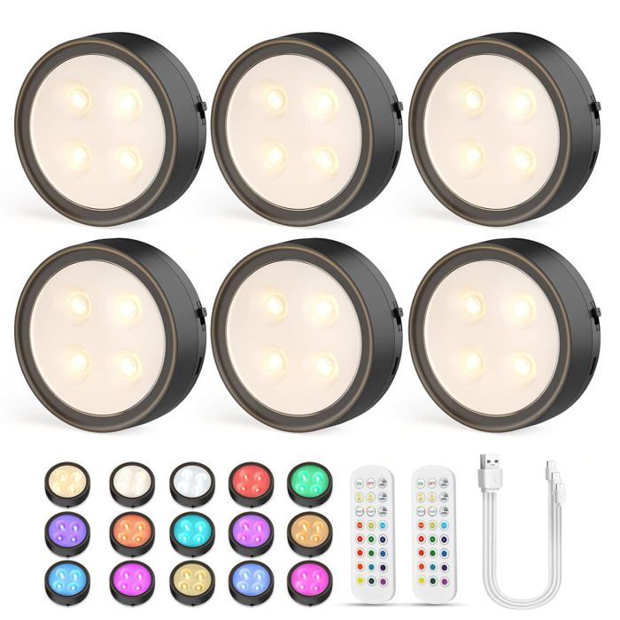 Lot de 6 lampes LED rechargeables sans fil sous meuble - dimmables 12 couleurs télécommande éclairage noir pour placard