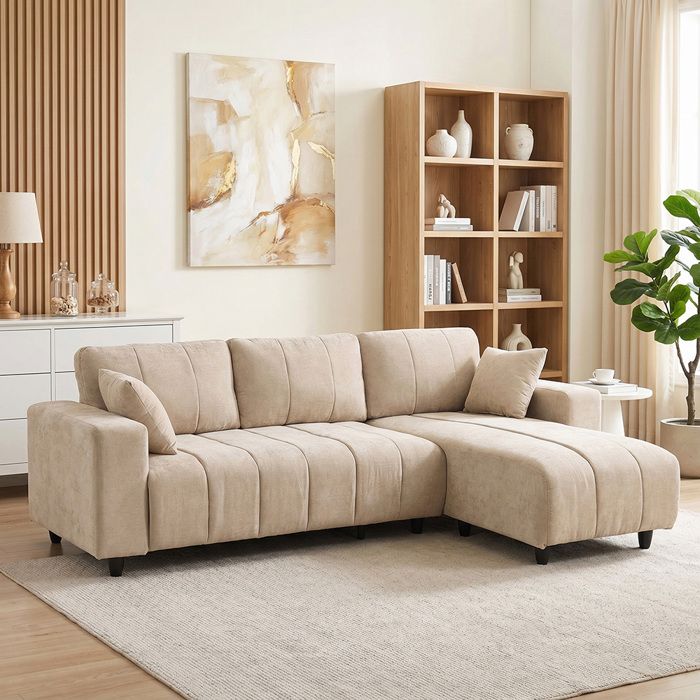 Canapé dAngle Modulable 242 cm Canapé 3 Places en L avec Méridienne Réversible 2 Oreillers Tissu Aspect Lin Beige Canapé dAngle Modulable 242 cm Canapé 3 Places en L avec Méridienne Réversible 2 Oreillers Tissu Aspect Lin Beige