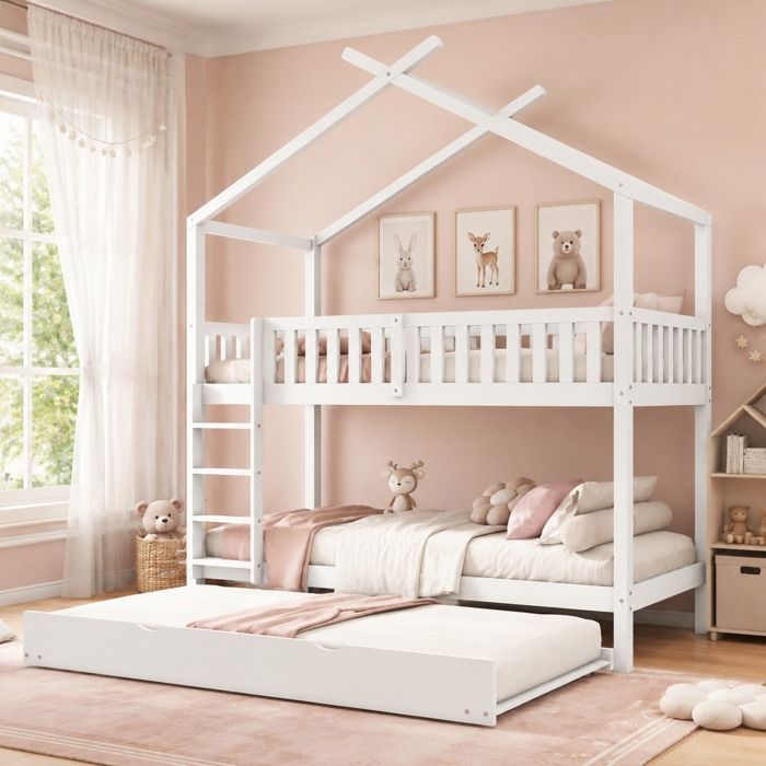 Lit cabane superposé gigogne 90x200 blanc convertible en 3 lits séparés avec échelle et barrière ORVRYN