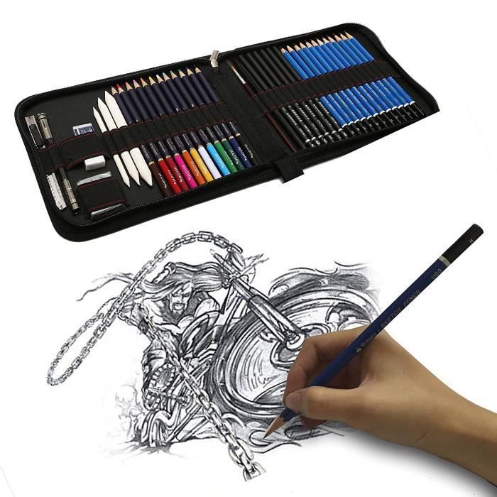 41PCS kit de dessin pro avec Crayons Fusain, crayon de couleur