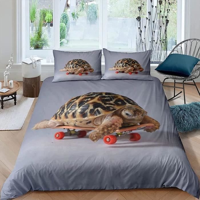 Housse de Couette Skateboard Tortue Grise, Parure de Lit Imprimée 3D