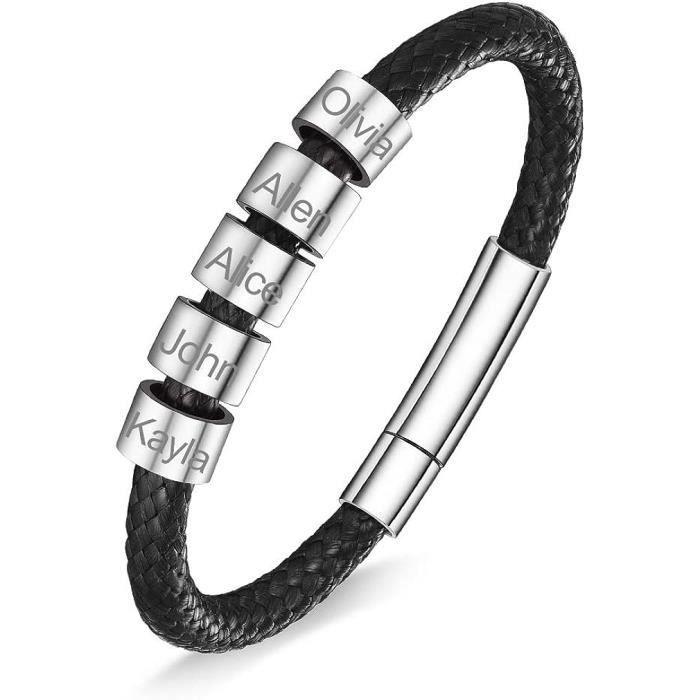 Bracelet Personnalisé Homme Ashleymade - Perles Argentées Acier Inoxydable Gravable - Cadeau Fête Des Pères