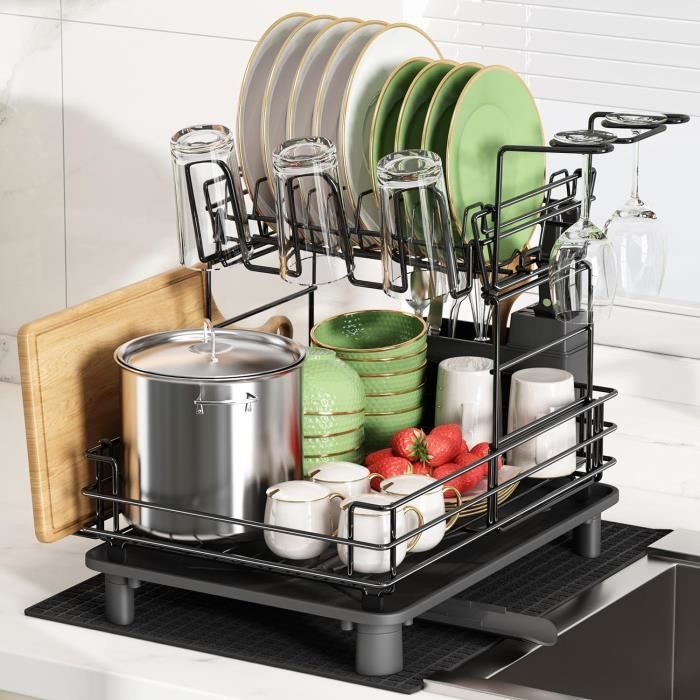 Égouttoir Vaisselle 2 Niveaux MAISITOO - Noir, INOX, Avec Porte-Ustensiles Et Bac Récupérateur
