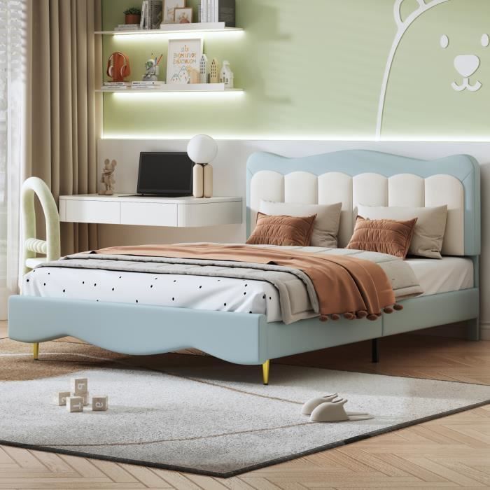 lit pour enfants lit rembourré 140x200 cm, cuir pu lit doux garçon et fille bleu clair, cadre à lattes