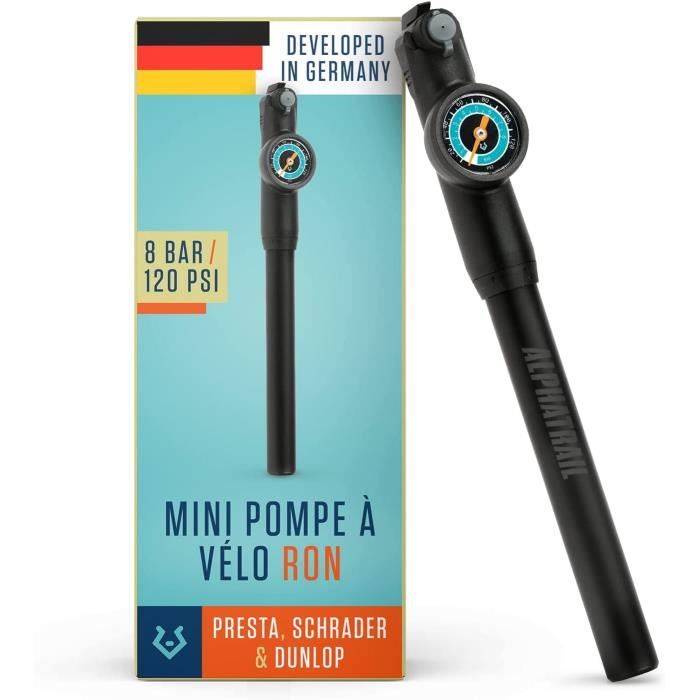 Mini Pompe à Vélo TWIRL - 25 Cm, 94g - Tuyau Extensible, Double Tête Pour Valves Presta/Schrader - Pression Max 11 Bar - Avec Support