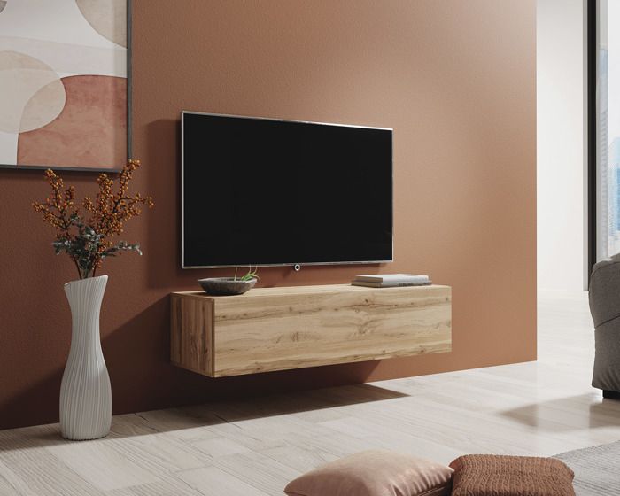 meuble tv - berit - 120 x 30 x 40cm - 2 compartiments - couleur chêne - système push-click