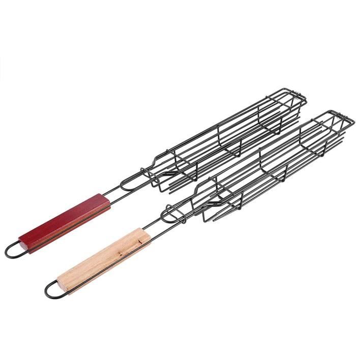 Set De 2 Paniers Grill Rotatifs Barbecue - Acier Inoxydable 304 - Poignée Bois - Accessoires Complets