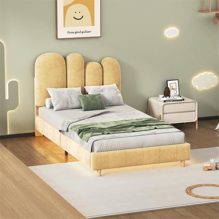 lit simple 90x200cm, lit capitonné velours avec led jaune chaud, sommier à lattes, et tête de lit en forme de pouce, kaki