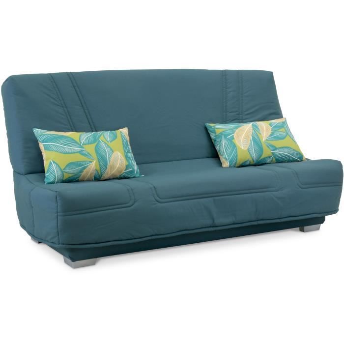 COMFORT BULTEX Banquette clic-clac - 3 places - Tissu bleu + Coussins déco Jungle
