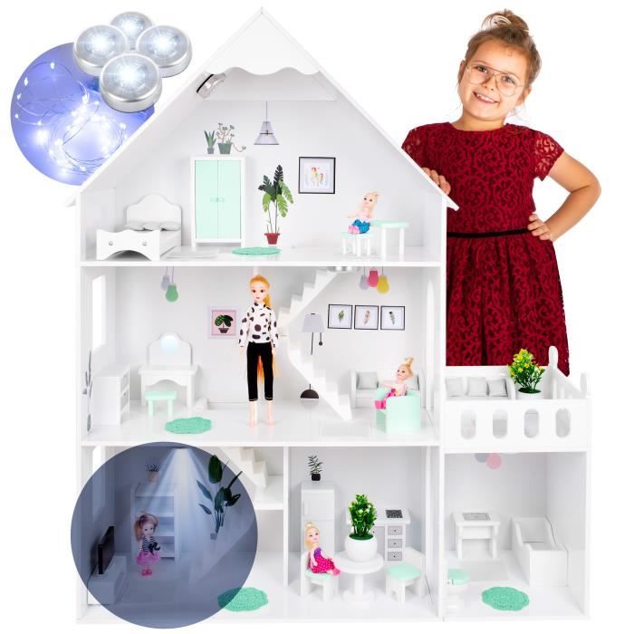 Kinderplay Grande Maison Poupee Bois - de poupée Barbie, Version avec Accents Menthe, 52 accessoires inclus, éclairage LED
