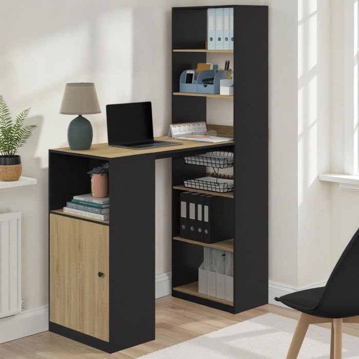 IDMARKET Bureau LUNG avec rangements et placard 2 personnes noir et bois IDMARKET Bureau LUNG avec rangements et placard 2 personnes noir et bois