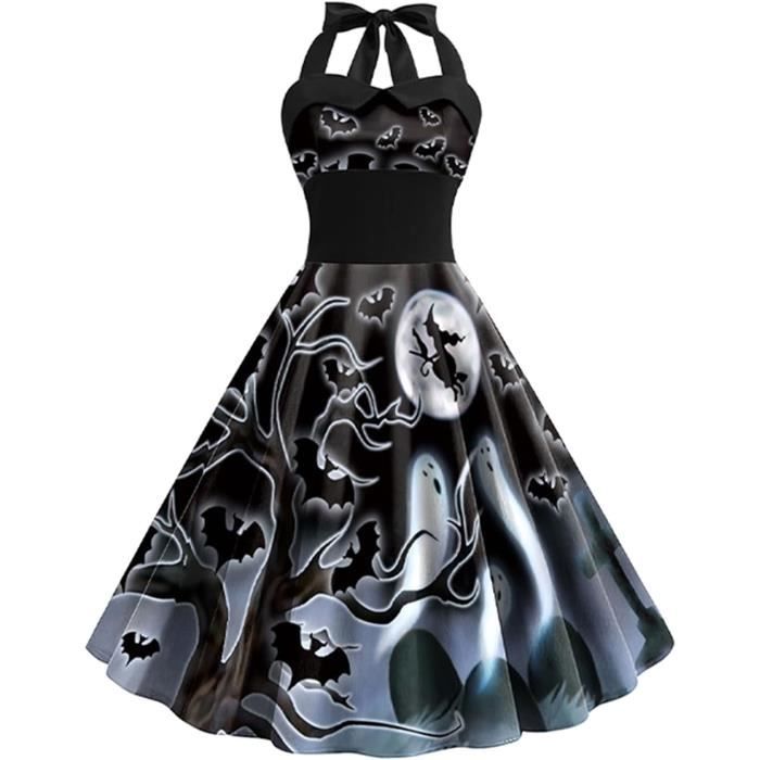 ROBE Costume Halloween Femme Robe de Cocktail Imprime Citrouille Squelette Swing Pin Up Vintage Annees 50 de Soiree Noir Noir Cdiscount Pret a Porter