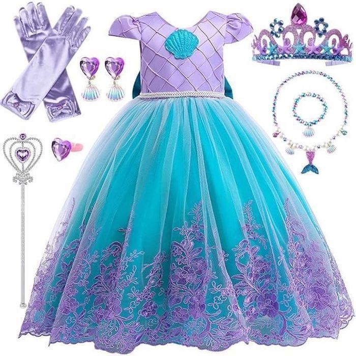 Costume De Princesse Pour Fille - Ensemble 9 Pièces (robe, Couronne, Collier, Baguette...) - Taille 2-10 Ans - Pour Anniversaire, Halloween, Noël
