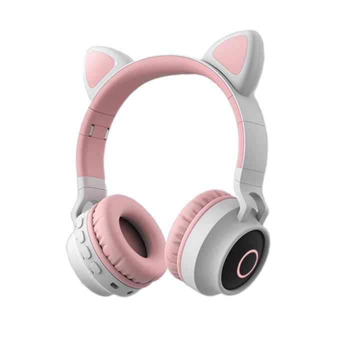 casque de jeu stéréo antibruit casque Bluetooth 5.0 tendance pour enfants et adultes Casque de jeu sans fil avec oreilles de chat mignon avec lumières LED 