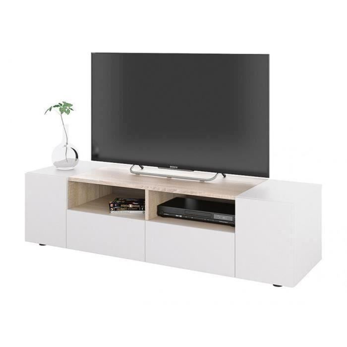 Meuble TV décor blanc et chêne - Dim : L 138 x P 42 x H 34 cm Meuble TV décor blanc et chêne - Dim : L 138 x P 42 x H 34 cm