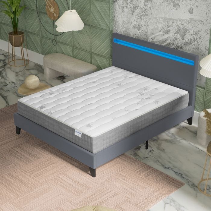 Ensemble MATELAS + LIT (120x190cm)- Galice 25cm Ressorts ensachés & Mémoire de forme + Sommier stable & tête de lit LED Gris