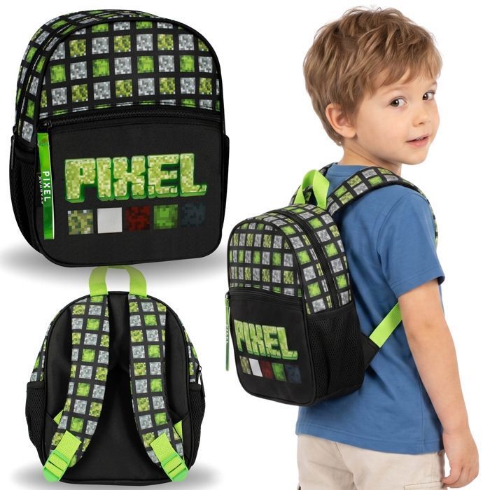 Pixel Game Sac à dos noir et vert pour garçon petit sac à dos de maternelle les voyages 26x23x9 cm