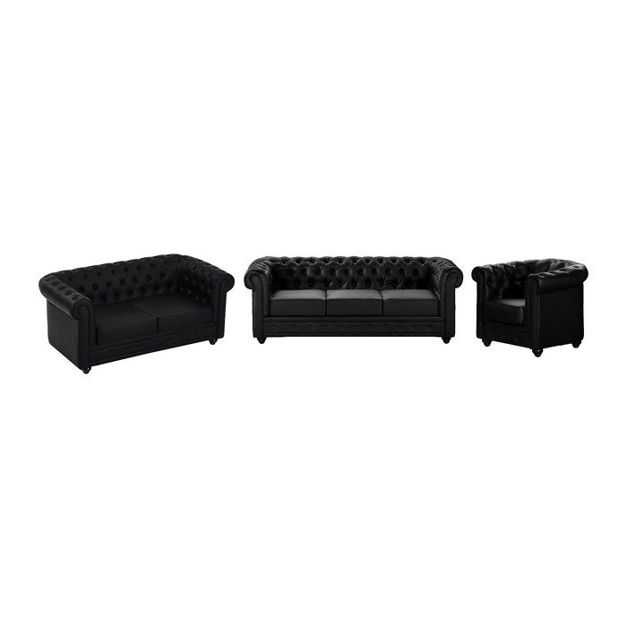 Canapés 3 places 2 places et fauteuil en simili noir CHESTERFIELD