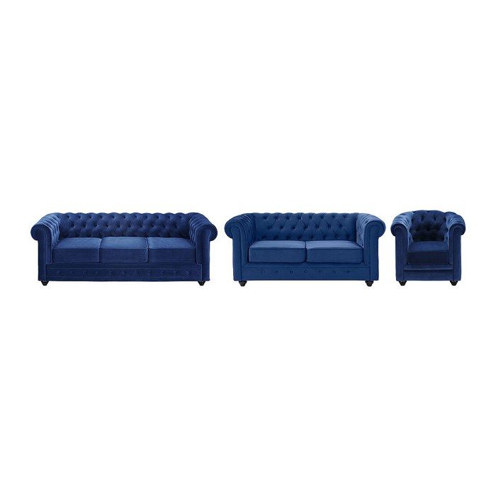 Canapés 3 places 2 places et un fauteuil CHESTERFIELD - Velours bleu roi