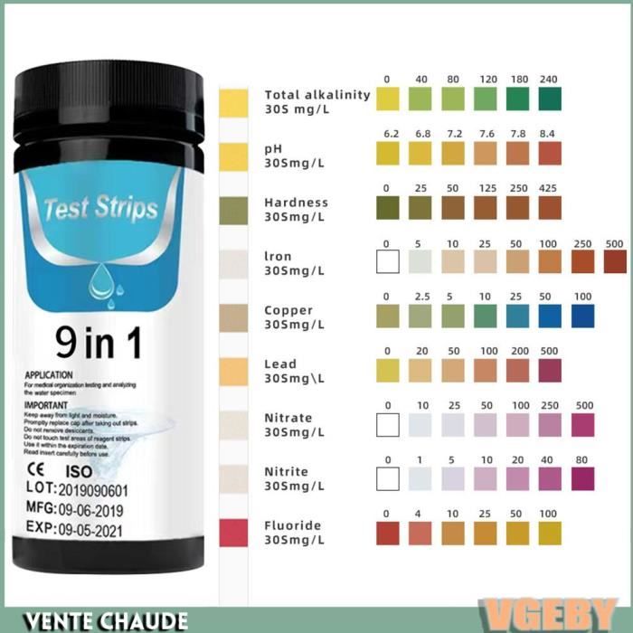 100 Bandelettes Test Piscine 7 En 1 - PH, Chlore, Brome, Alcalinité, Dureté, Acide Cyanurique