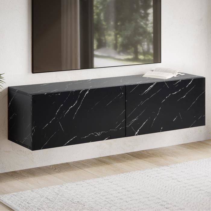 WOHNLING Meuble TV Suspendu 120 cm Lowboard Aspect Marbre Noir Commode TV Mural