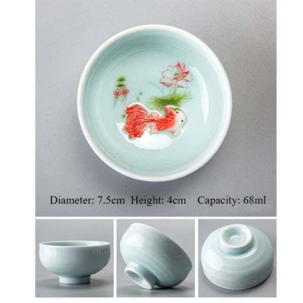Set De 6 Tasses à Thé Céladon RIDAEX - Bols 3D Poisson Glaçure Craquelée - Porcelaine Kung Fu - Bureau Ou Décoration