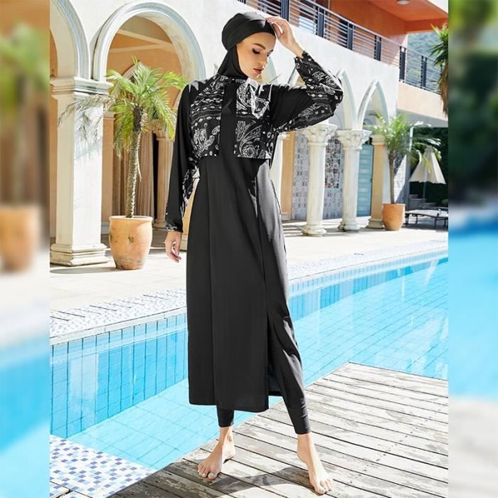 Noir XL Robe Burkini avec Hijab pour Femme Maillot de Bain