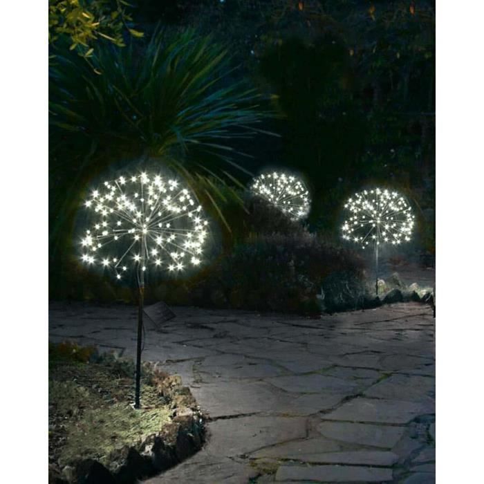 Lampe Solaire Exterieur Jardin 2 Pièces 120 LED Feu d'artifice Solaire, 8  Modes Étanche Lumière