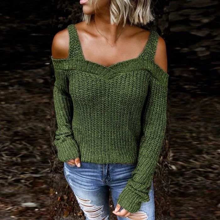 Minetom Femme Pull Oversize Sports Pullover Chandail Casual Pull Femme Col V Tricote Epaule Denudee Pull Long a Manches Longues Top Z vert Cdiscount Pret a Porter