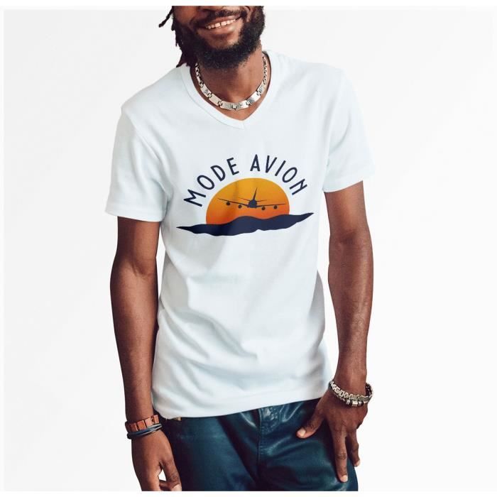 T shirt Homme Col V Mode Avion Voyage Backpacker Blanc Cdiscount