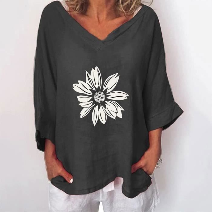T Shirt Femme Vintage Coton et Lin Baggy Tops Ample Chic Imprime Fleuri Casual Oversize Manche 3 4 Col en V Grande Taille Lache Noir Noir Cdiscount Pret a Porter