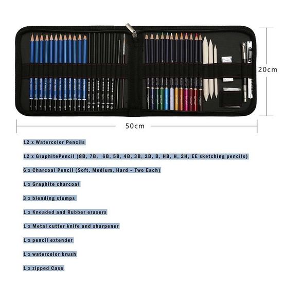 41pcs Kit De Dessin Pro Avec Crayons Fusain Crayon De Couleur Aquarellable Crayon Graphite