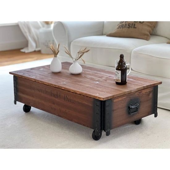 Table Basse Coffre Uncle Joe's - Bois Massif Vintage Shabby Chic Blanc - 100x58x31 Cm, Neuve
