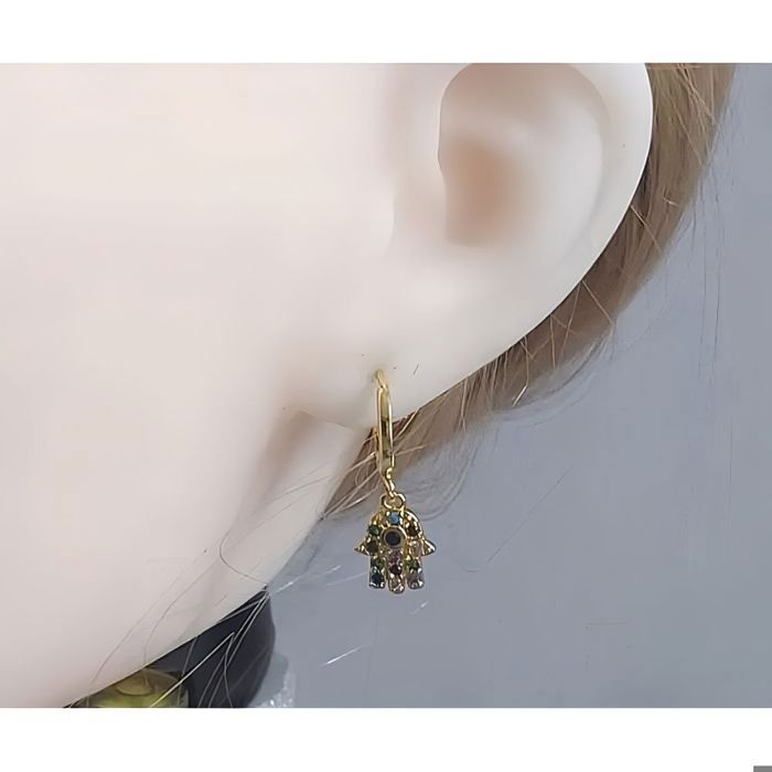 Boucles D'oreilles Créoles Main De Fatma Multicolore - Acier Doré, Zircon, Neuves Avec étiquettes