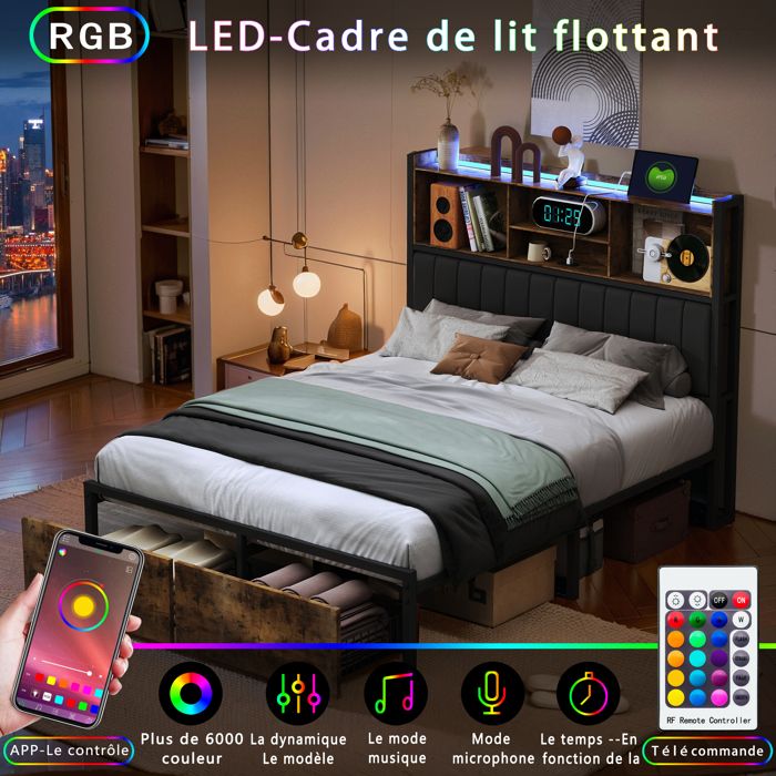Lit Double 160x200 Cm Avec éclairage Led, 3 Tiroirs De Rangement Sommier A Lattes Capitonne