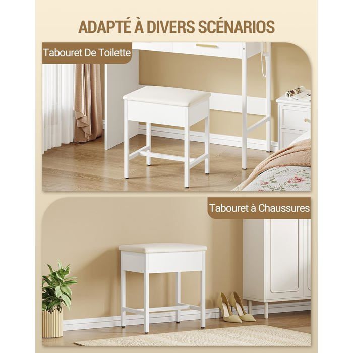 Tabouret De Coiffeuse Rembourré Blanc – 30x40x46 Cm, Charge 150 Kg, Facile à Monter, Pour Dressing Ou Entrée