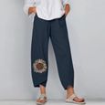 PANTACOURT Pantalon ample décontracté d'été pour femme en coton et lin brodé Bleu-0