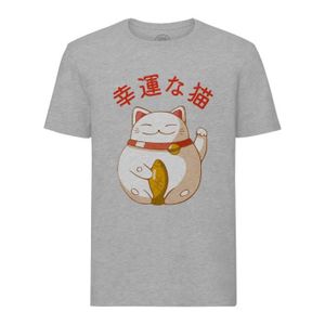T-SHIRT T-shirt Homme Col Rond Gris Maneki-Neko Chat Japon