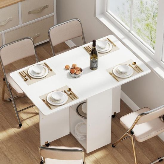 Table à Manger Pliante HOMCOM – Pour 6 Personnes, Avec Plateau Et Roulettes, 130x80 Cm