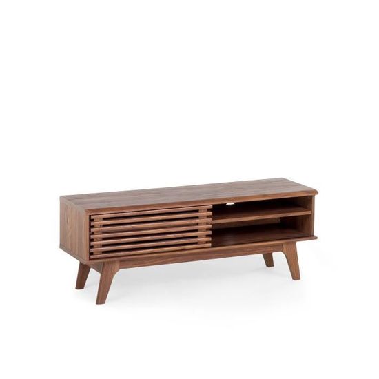 Meuble TV Style Campagne Avec Porte Coulissante En Rotin - Aspect Noyer, 175 X 38 X 45 Cm, MDF, Tiroirs Et Rangements, Pour Salon