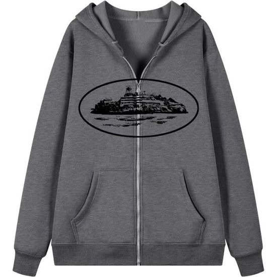 Sweat à Capuche Zippé Streetwear Y2K, Patchwork Brodé, Gris, Taille M - Neuf Avec étiquettes