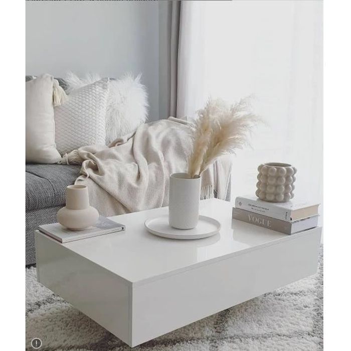 Table basse blanche avec une finition de haute brillance modern, MDF + verre trempé 85 x 55 x 31 cm