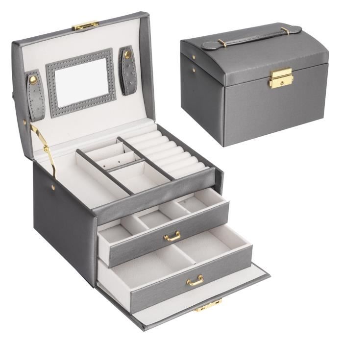 Boîte à Bijoux Coffret à Bijoux Verrouillable 3 Couches avec 2 Tiroirs/miroir de courtoisie