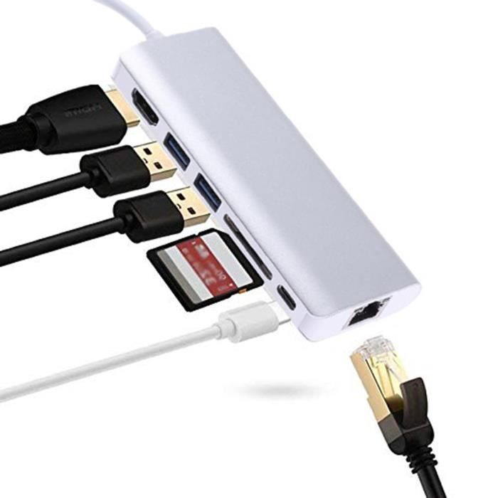 HUB 6 en 1 USB Type C Hub Hdmi 4K vers Gigabit Ethernet Adaptateur LAN Rj45 blanc _cdtn092