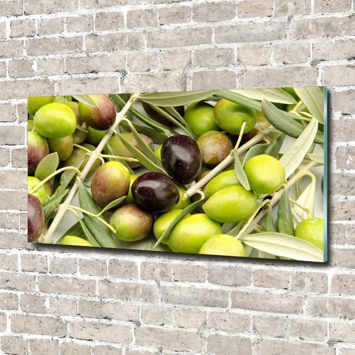 Tulup 140x70cm Tableau sur verre acrylique- Nourriture boissons - Olives Fraîches - Vert