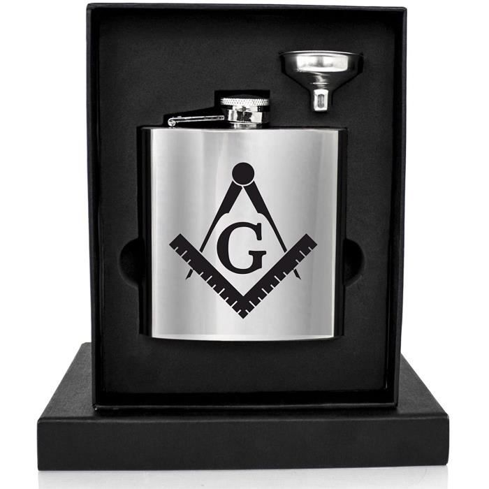 Laser Gravé 170ml Flasque en Acier Inoxydable Avec Maçonnique Design - Coffret Cadeau Et Entonnoir Inclus