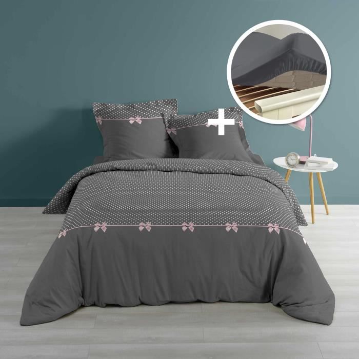 Ensemble Housse de couette 260x240 cm + 2 taies d’oreiller (Craquante) +1 drap housse 160x200 gris souris
