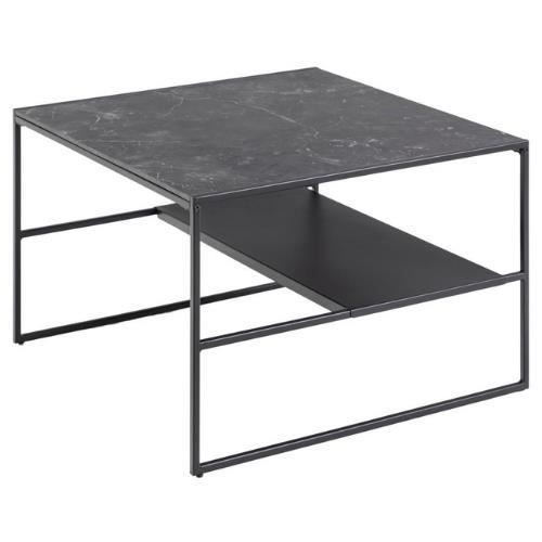 Table basse carrée Infinity avec plateau aspect marbre et cadre noir mat, 70 x 70 cm.